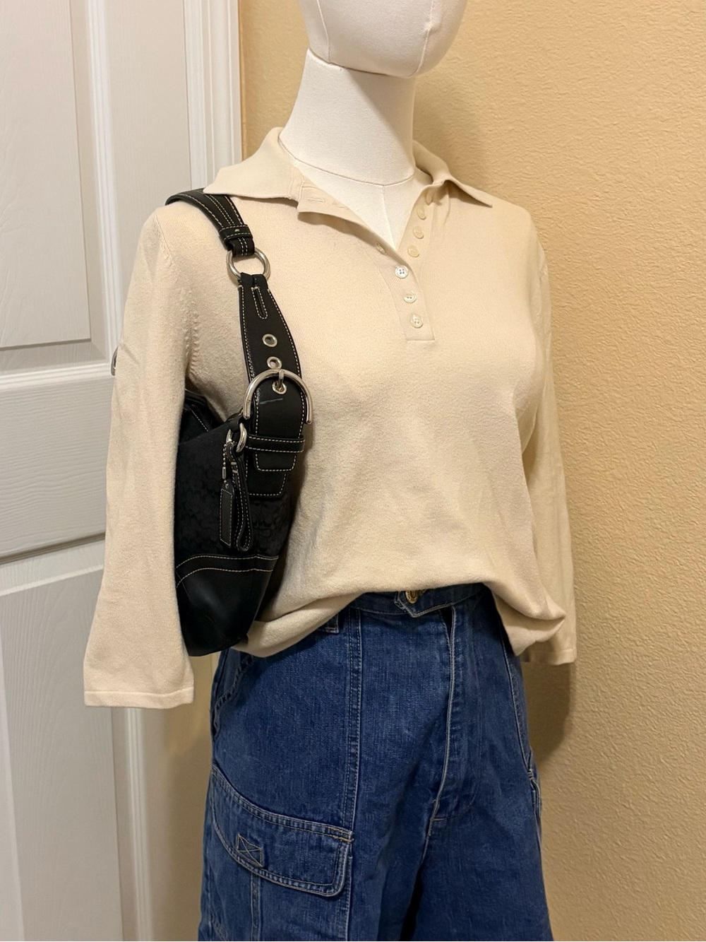 Vintage Kim Rogers Cream Long Sleeve Polo Top